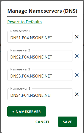 Manage Nameservers (DNS) modal with a button to let you add name servers